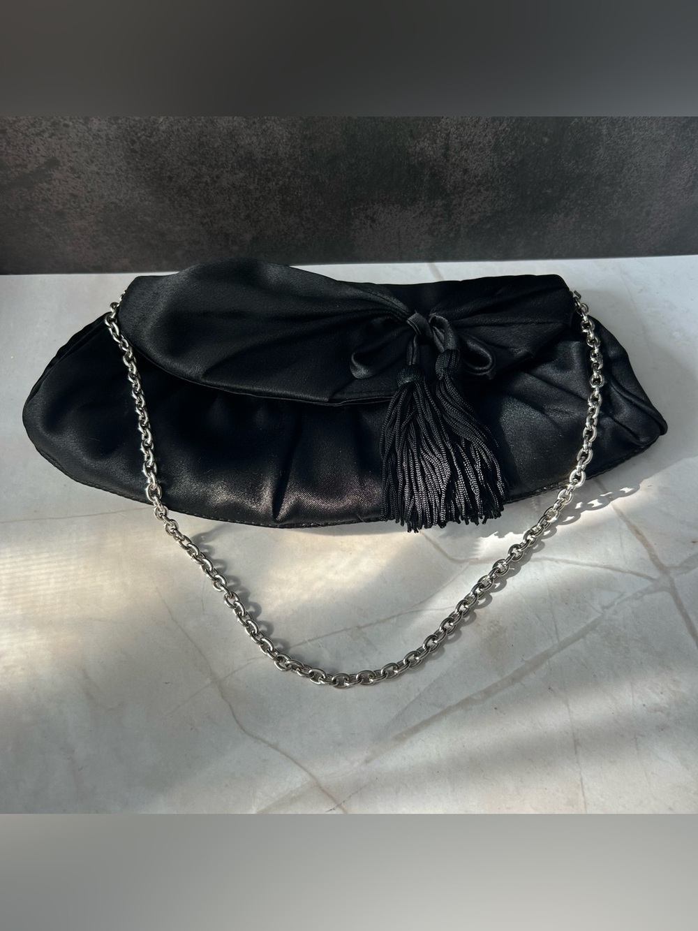 Black Tassel Satin Shoulder Bag with Silver Chain